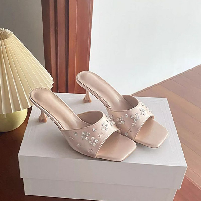 COSYEVNO 여성용 자수 장식 실크 스퀘어토 하이힐 뮬 샌들 LFHtx-4