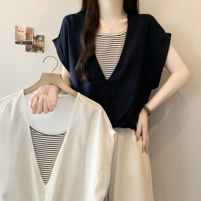 여름 빅사이즈 여성 스트라이프 반팔 티셔츠 레이어드룩 루즈핏 오버핏 캐주얼 데일리 얇은 편한 상의