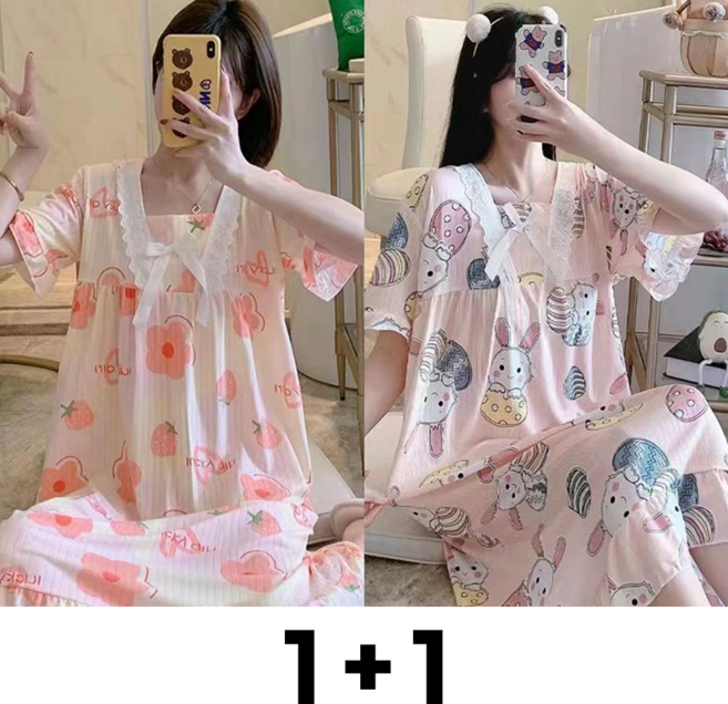 1+1 여성용 봄 여름 잠옷 원피스 봄가를 간절기 스판 반팔 파자마 스커트 데일리 기질 패션 귀여운 스윗한 실내복 2매입