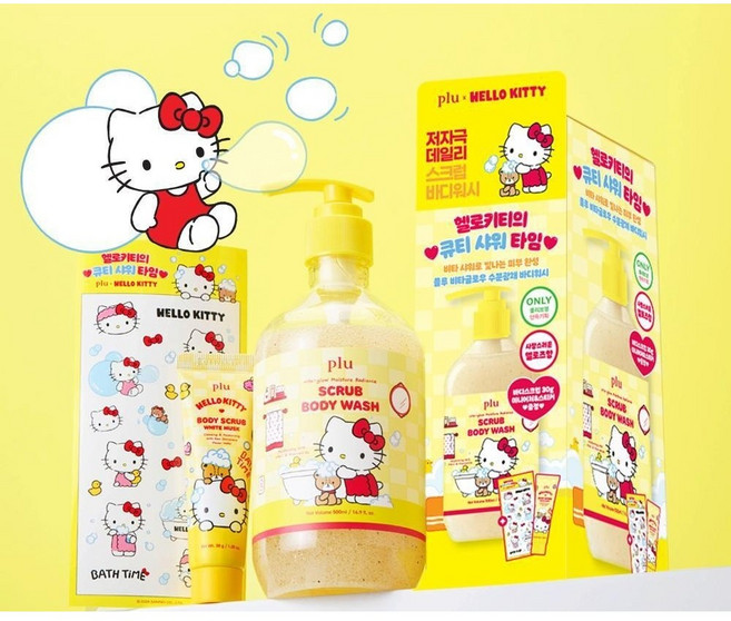 [1등스크럽] 플루X헬로키티 비타글로우 수분광채 스크럽 바디워시 (바디워시 미니어처30g+다꾸스티커증정), 1개