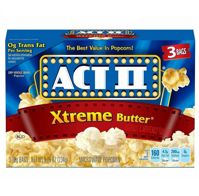 Act II Xtreme Butter Microwave Popcorn 액트투 엑스트림 버터 전자레인지 팝콘 3개입 8.25oz(234g) 12팩, 1개, 234g