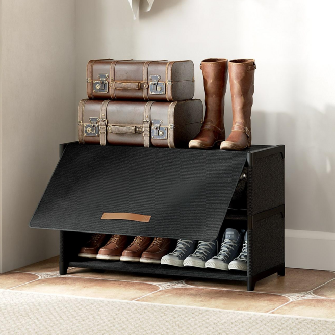 ONESOWON 현관 슬림 신발장 대용량 도어형 신발정리함 수납장700, 블랙, 3단