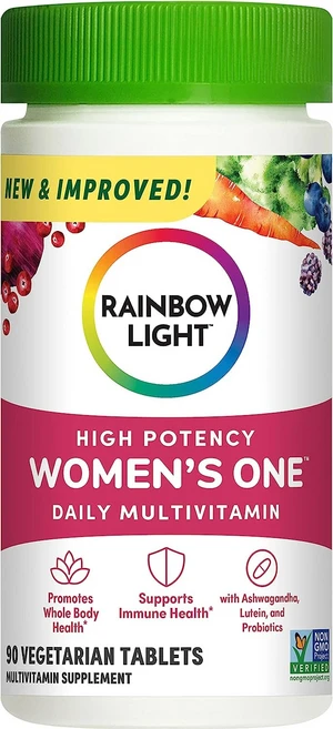 Rainbow Light Womens One Multivitamin 레인보우 라이트 여성 종합 멀티비타민 철분 슈퍼푸드 프로바이오틱스 엔자임 효소 함유 90정, x, 1개 - 쿠팡