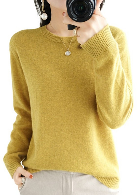 여성용 베이직 라운드넥 니트 긴팔티 부드러운 간절기 데일리룩 티셔츠 Knitted T-shirt D8378