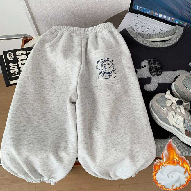 兒童卡通熊刷毛休閒褲 柔軟束腳運動長褲