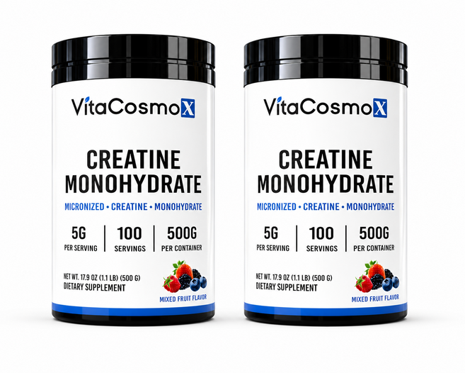 신제품 VitaCosmoX 비타코스모 마이크로나이즈드 크레아틴 모노하이드레이트 (혼합과일맛 분말), 2개, 500g