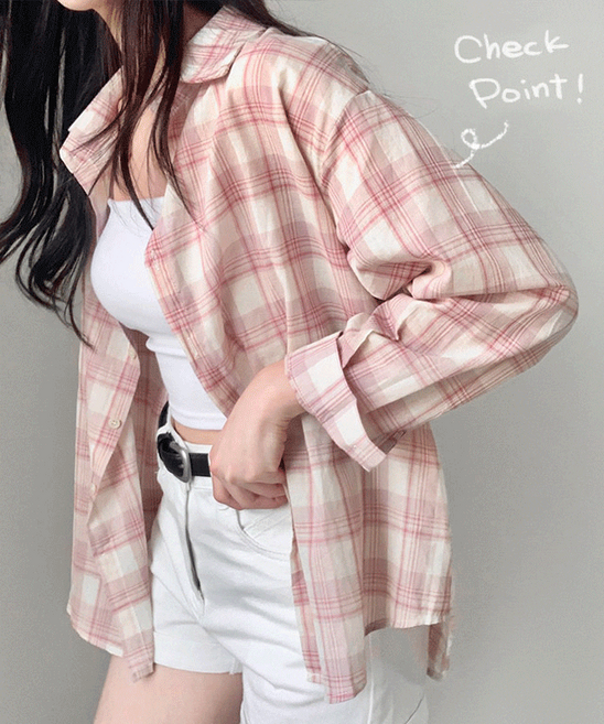 자스민벨 리피 카라 오버핏 체크 긴팔 핑크 셔츠