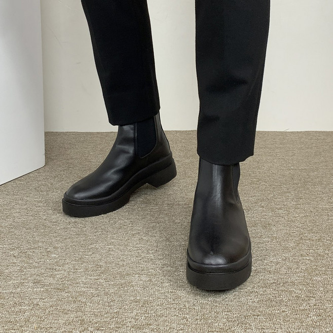 센시노 6cm키높이 무광 블랙 가죽 더블솔 남자 발편한 첼시부츠