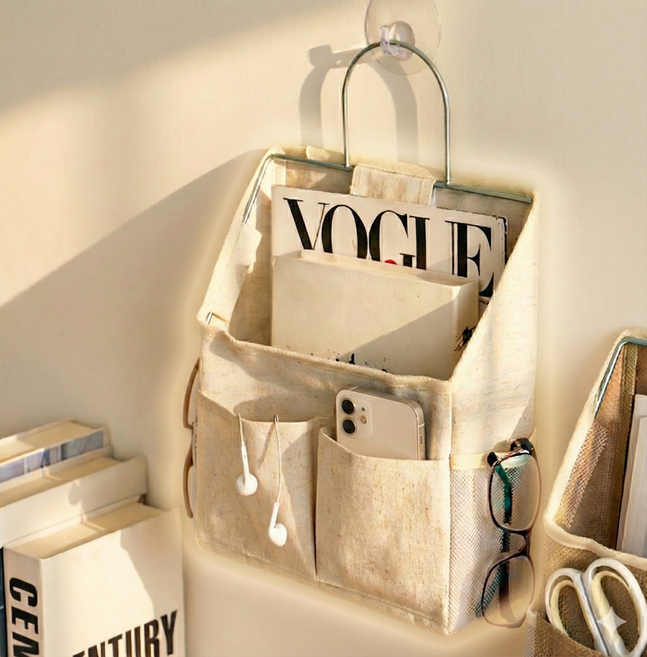 모노리 프리미엄 패브릭 무타공 다용도 포켓 가방형 벽걸이 수납함, 1개, 아이보리