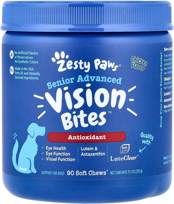 Zesty Paws Senior Advanced Vision Bites™ 반려견용 치킨 소프트츄 90개 315g(11.1oz) Paws (제스티 포즈), 1 - 쿠팡