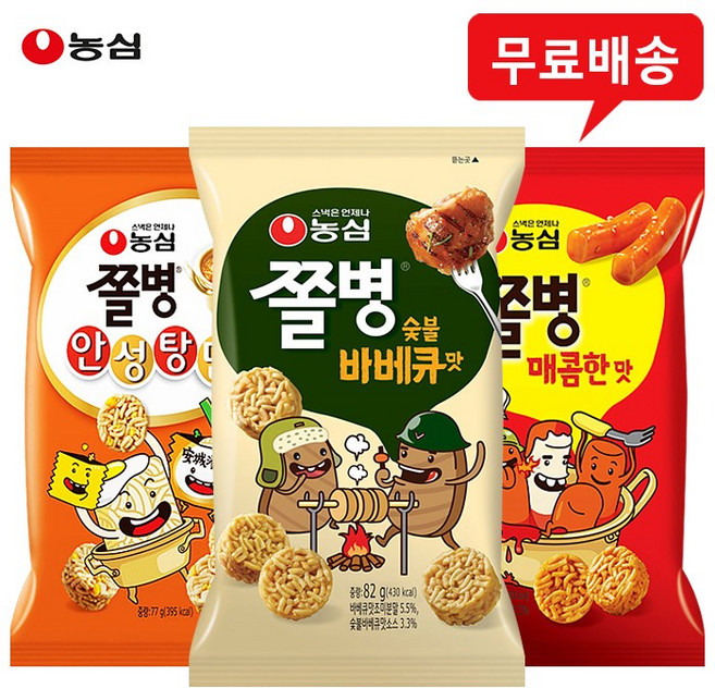 농심 쫄병 12봉(바베큐맛4+매콤한맛4+안성탕면4) 무배, 12개