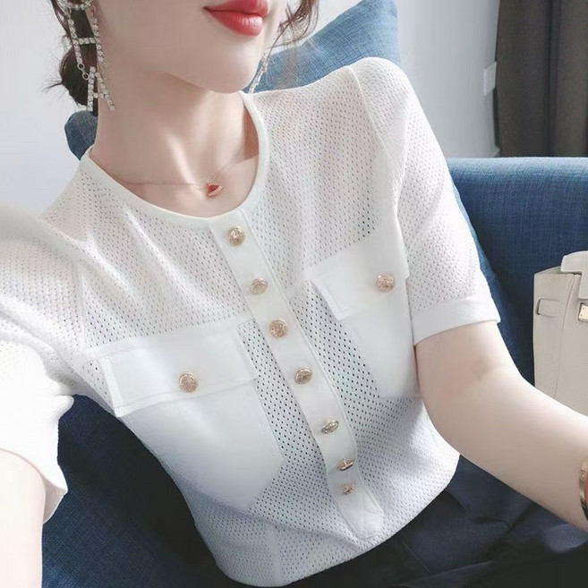 라오농 여성용 라운드넥 루즈핏 여름 펀칭 펀칭 반팔 니트티26dgah02LL