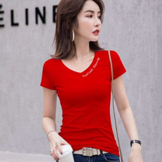 Kdragon 브이넥 슬림핏 라인 무지 반팔티