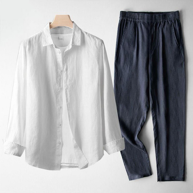 WEIHAN 남성 면 마 긴팔 셔츠 캐주얼 팬츠 투피스 데일리 심플 단색 린넨 남방 상하세트