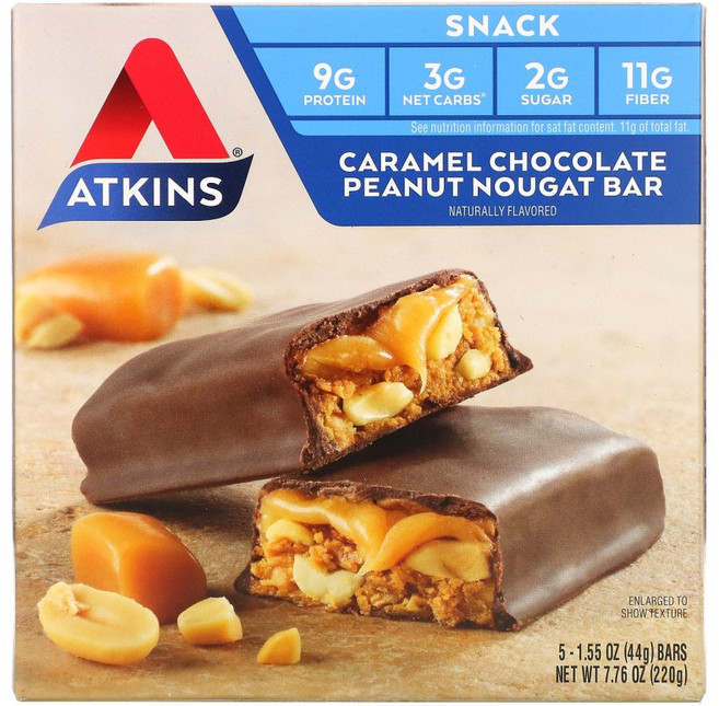 Atkins 스낵 캐러멜 초콜릿 땅콩 누가 바 5개입 개당 44g(1.55oz) 1팩, 1개, 220g