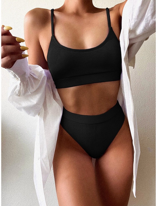 歐美比基尼 純色背心式撞色拼接運動高腰高叉裤两件式bikini泳衣女, 黑色,S