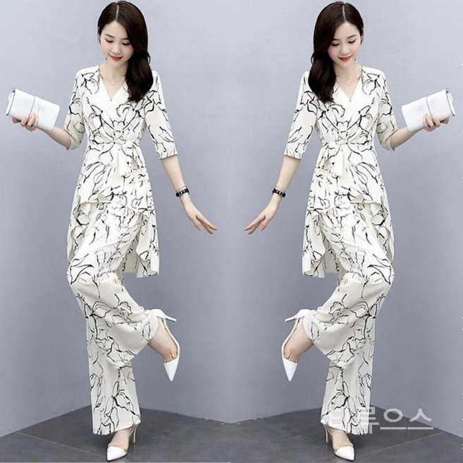 티류으스 여성 여름 쉬폰 셔츠 와이드 레그 팬츠 투피스 세트