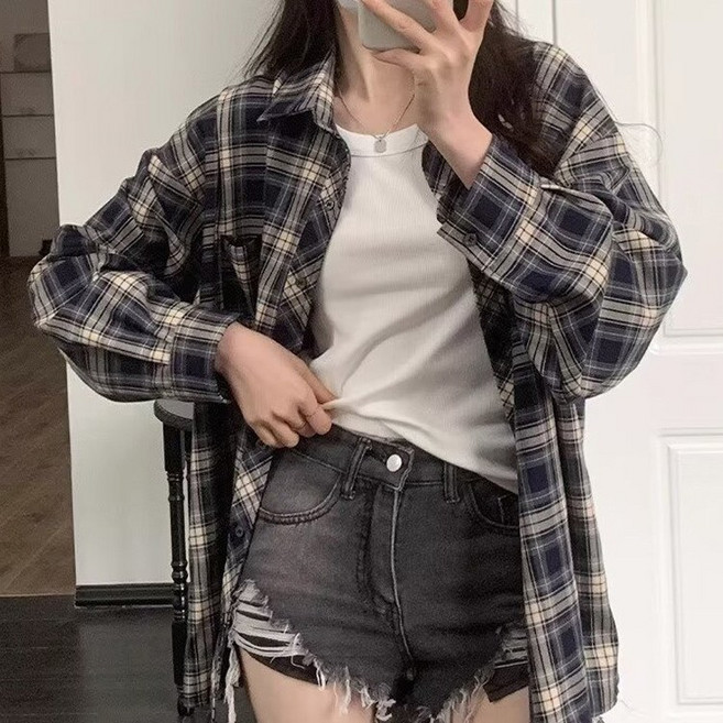 데일로엔 여성 루즈핏 체크 긴팔 셔츠