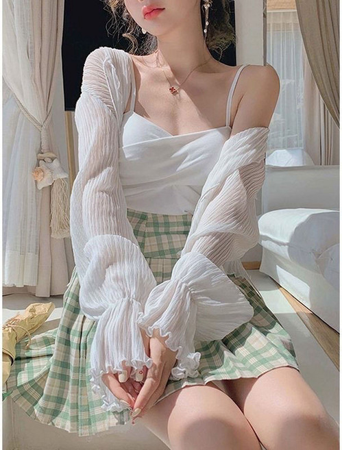 雪紡 褶皺 防曬 開衫 薄款 罩衫, 白色,L