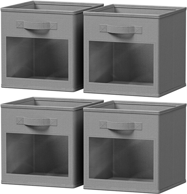 수납 바스켓 다용도 접이식 패브릭 옷정리 수납함 투명창 포함, 4개, 그레이