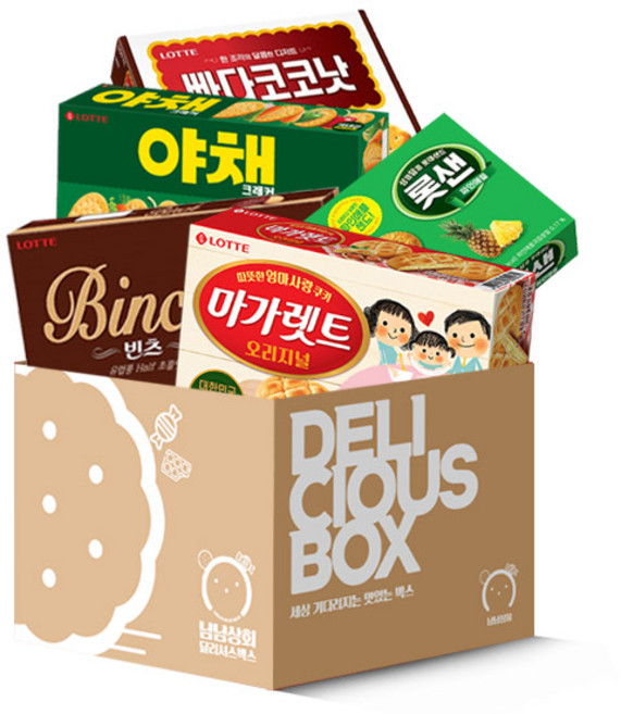 [냠냠상회] 롯데 인기과자 5종세트+냠냠상회전용포장박스발송, 1세트+냠냠상회전용포장박스, 1개