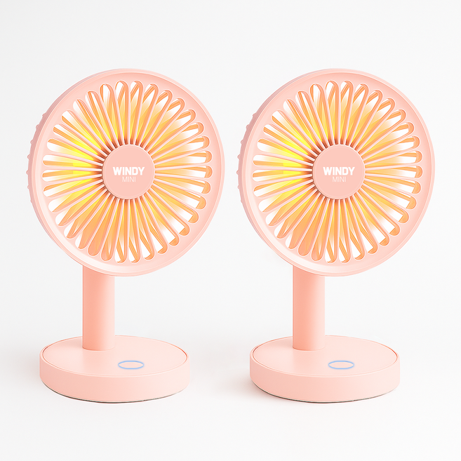 1+1 윈디 미니 탁상용 선풍기 사무실 독서실 무소음 캠핑 무드등, 핑크+핑크