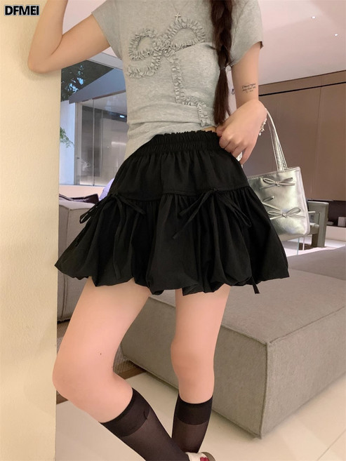 DFMEI 2025春夏季結綁花苞蝴蝶結花苞半身裙女高腰顯瘦a字蓬蓬短裙