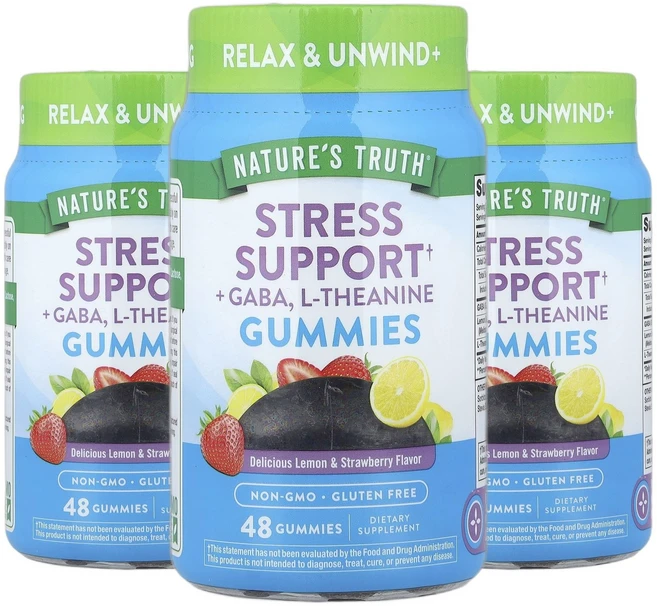 네이처스트루스 스트레스 서포트 가바 GABA l-테아닌 레몬 딸기 구미젤리 48개 2+1, 3개, 48회분 - 쿠팡