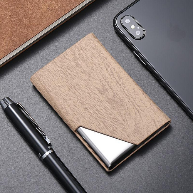 商務名片夾 皮麵男士名片盒 女隨身便攜卡包 金屬大容量名片收納盒, 1個, 新款橡木紋皮係列,一個起免費刻字