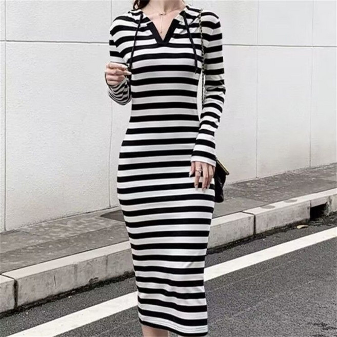 TKX 여성용 스트라이프 니트 롱 원피스 봄가을 V넥 슬림핏 긴소매 캐주얼 드레스 K51