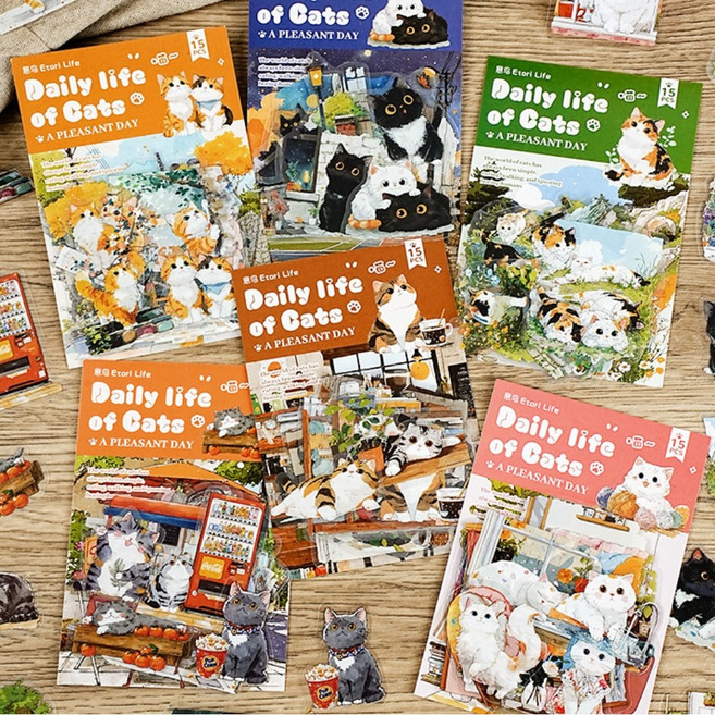 앨리스앤 빈티지 다꾸 스티커팩 고양이의 일상 시리즈 6종, 1개, 그린+핑크 (HR683)