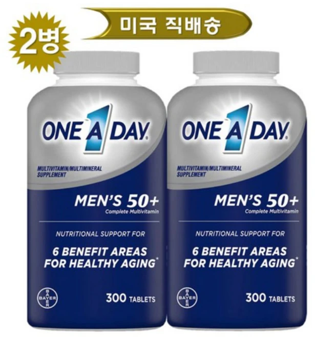 (총1+1= 2병) 바이엘 원어데이 남성50 플러스 종합비타민 300정 2병, 2개 - 쿠팡
