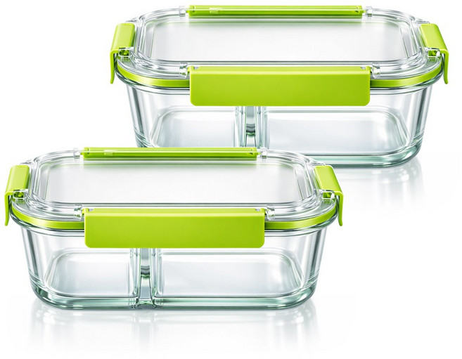 1+1 2칸 나눔 내열유리 밀폐용기 칸막이 반찬통, 직사각 980ml+직사각 980ml, 1세트