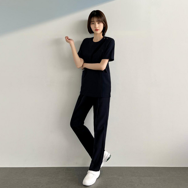 [EvermediUniform] 고급 TR 스판 원단 스크럽복 어깨단추 라운드넥 유니폼 상하의 세트