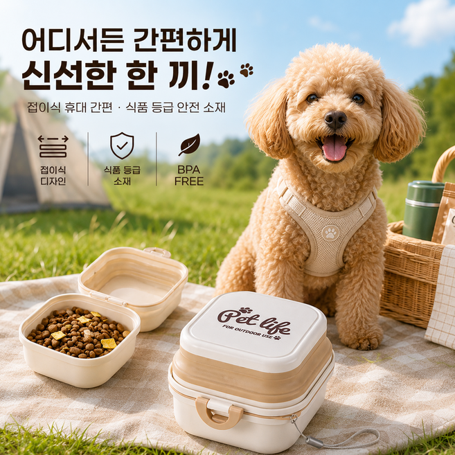 반려동물 휴대용 식기 접이식 애견 식기 강아지 고양이 물그릇 사료 그릇, 1개, 화이트