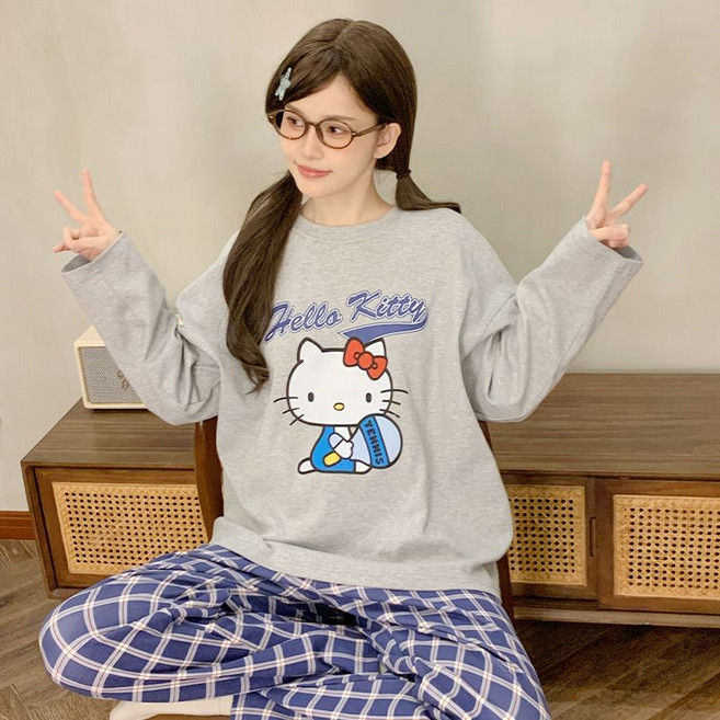 LOVEND 봄가을 잠옷 긴팔 긴바지 실내복 세트 키티 가을 겨울 잠옷