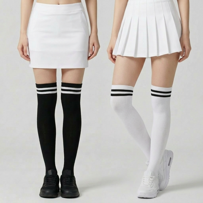 더간다 1+1 스포츠 여성니삭스 골프양말 중목 무릎 삭스 통기성 흡습성 사계절 오버니삭스 2개, 혼합, 1세트, 롱 블랙+화이트