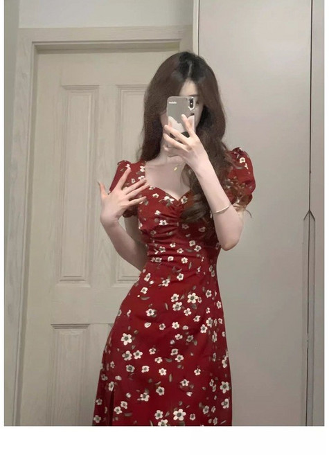 紅色碎花開叉泡泡袖法式復古連衣裙, 紅色