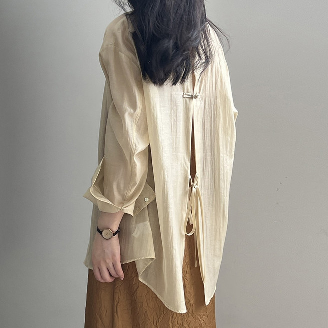 퀸앤조이여성 봄여름 리센유 차이나버튼 백슬릿 시스루 셔츠 빅사이즈 데일리 캐주얼