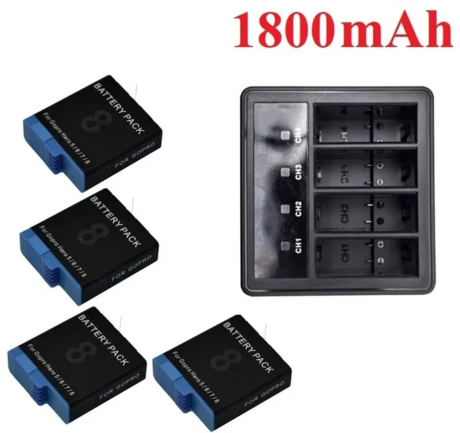 MaxWee-1800/2150mAh 배터리 충전식 GoPro Hero 8 7 6 Hero 5 블랙 액션 카메라 배터리 액세서리 배터리 박, 04 4 Battery Set