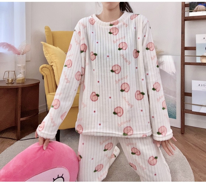 [구구번지]여성 따뜻한 겨울 극세사 귀여운 핑크 복숭아 잠옷상하세트