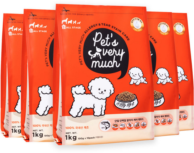 페츠베리머치 강아지사료 눈물사료 눈물자국 알러지 사료, 연어, 1kg, 5개