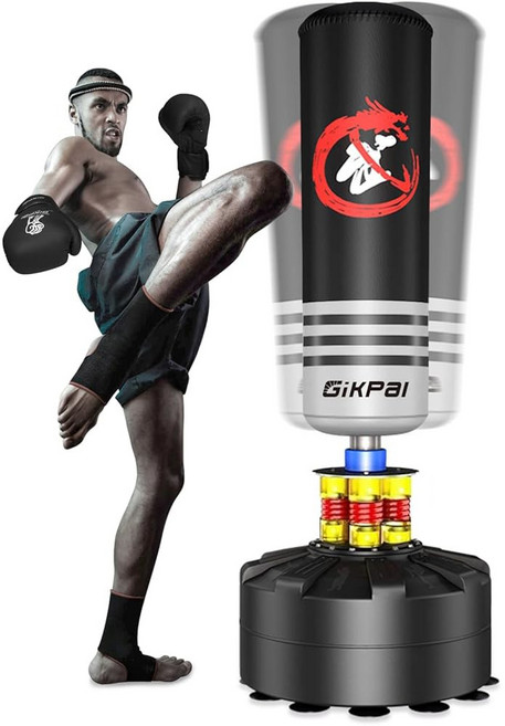 복싱 글러브가 있는 GIKPAL 프리스탠딩 펀칭백 스탠드가 있는 헤비 복싱백 MMA 무술 복싱 훈련용 킥복싱백, Punching Bag, 1개, 핸드랩