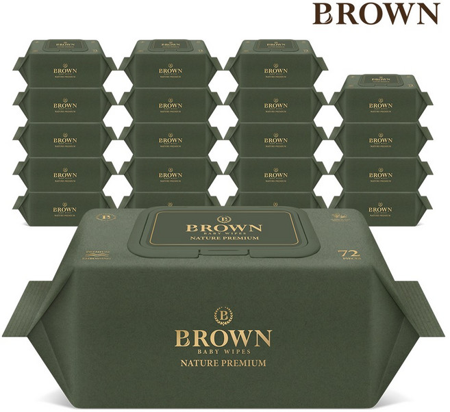 브라운 네이처 프리미엄 도톰한 아기 물티슈 엠보싱 저자극 캡형, 75g, 72매, 20개