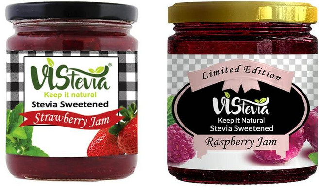 인도 VIStevia 무설탕 딸기 & 라즈베리 잼 (220gm × 2) 당조절 및 케토 친화적인 스테비아와 에리스리톨로 단맛을 더함 100%천연, 220g