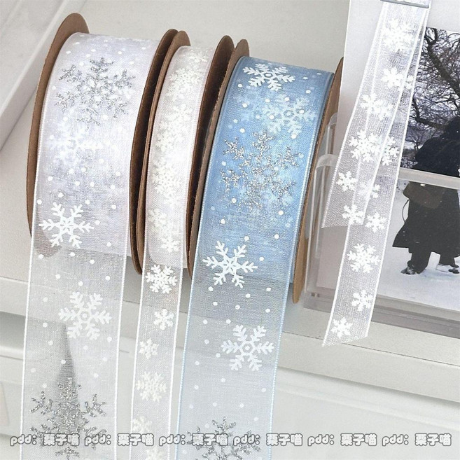 雪花聖誕主題絲帶緞帶禮品包裝材料, 2米,藍色雪花絲帶1cm細版, 1個