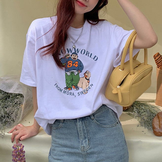 cammello 스노우월드 프린팅 루즈핏 반팔 티셔츠 여성 면티 박스티