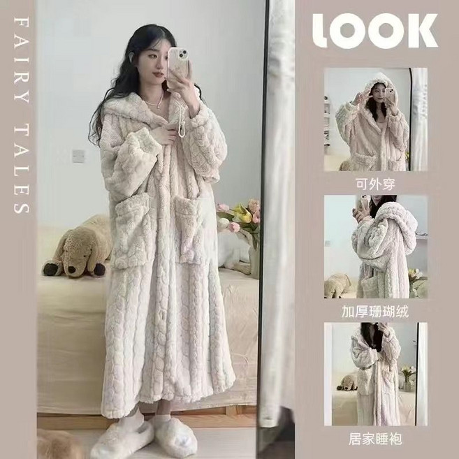 俏麗塑形店 珊瑚絨睡衣女 冬季加絨加厚保暖法蘭絨長款連帽睡袍 臺灣出貨 XXL碼推薦80公斤內