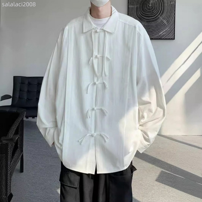 新中式國風盤扣長袖襯衫男春秋設計感大碼唐裝襯衣高級感漢服道袍