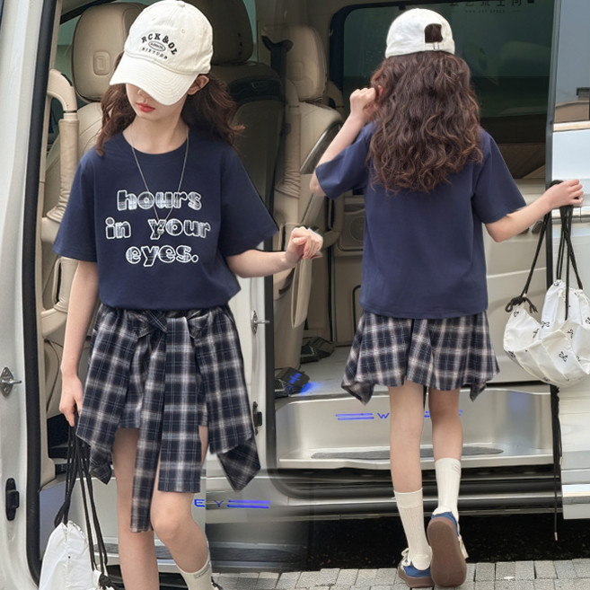 6위 - 비비키드 여아 여름 초중생 영문 페인팅 체크 셔츠스타일 치마바지 상하복 세트 주니어 반팔티 상의+하의 초등생